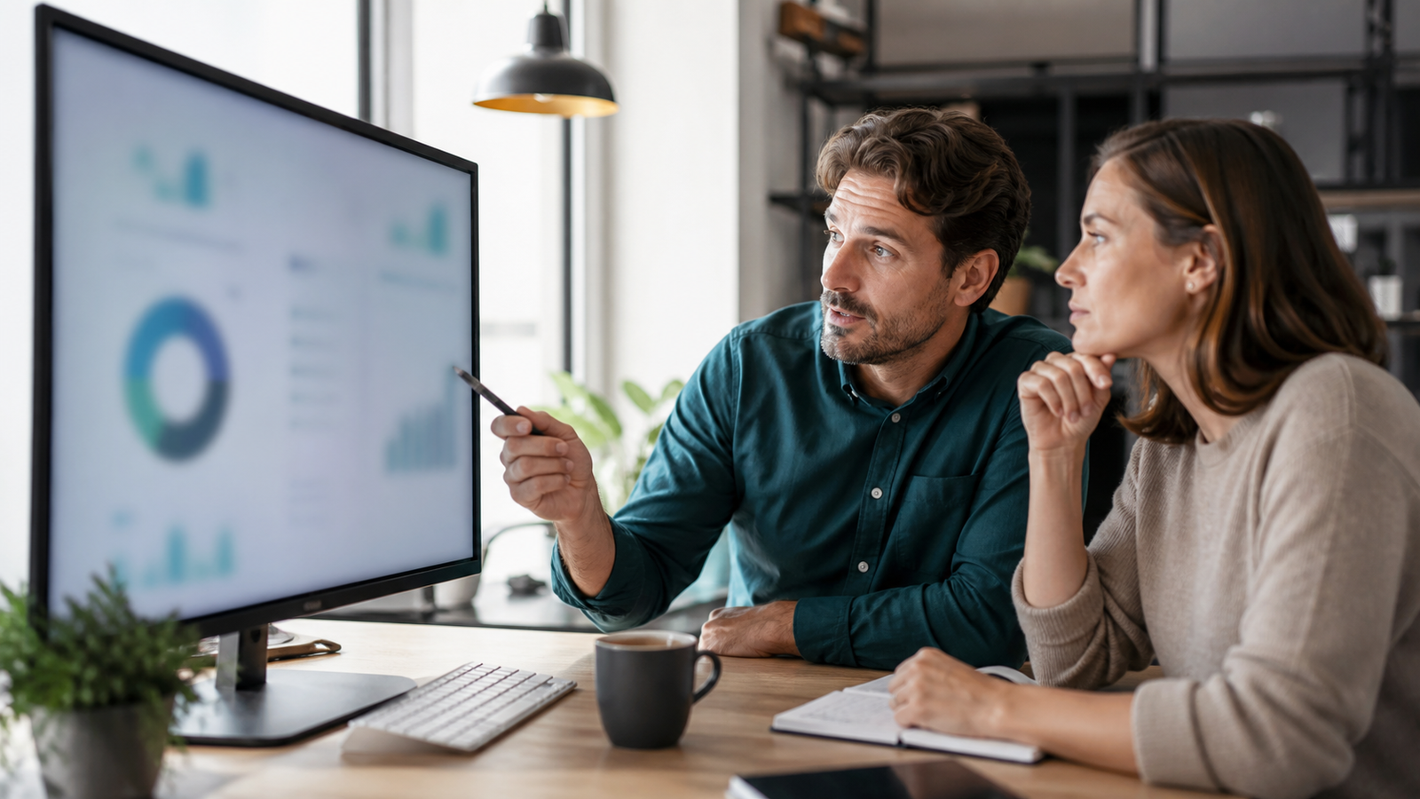 Small business owner and advisor reviewing an abstract GEO performance scorecard