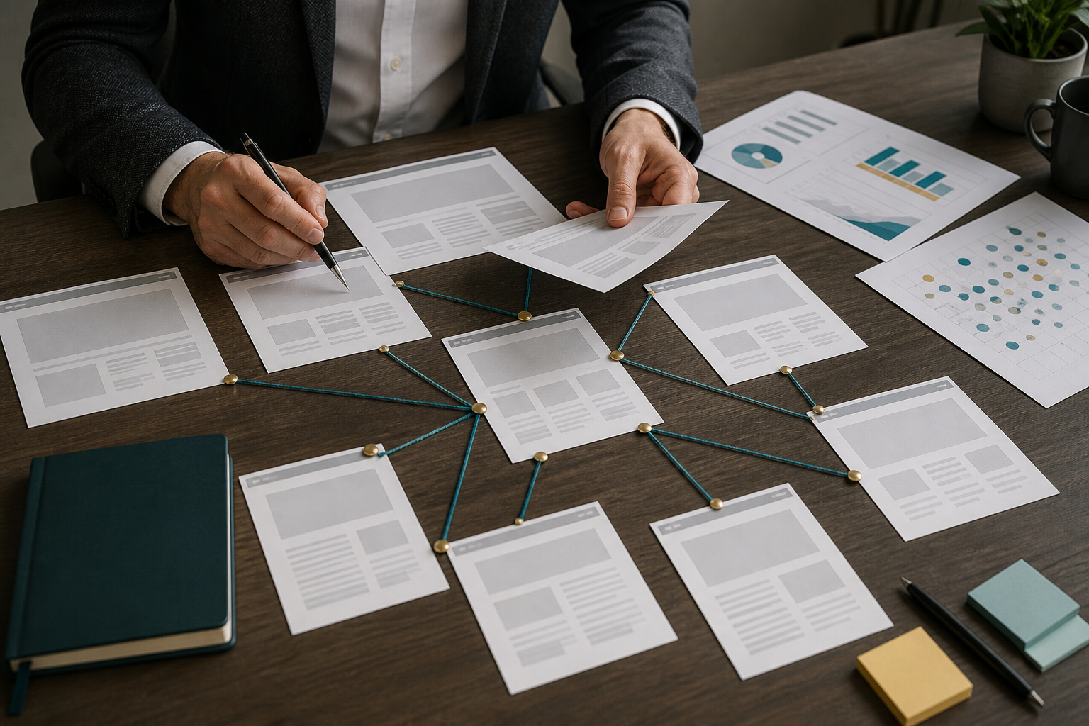Advisor reviewing blank website pages, abstract analytics charts, and internal-link materials