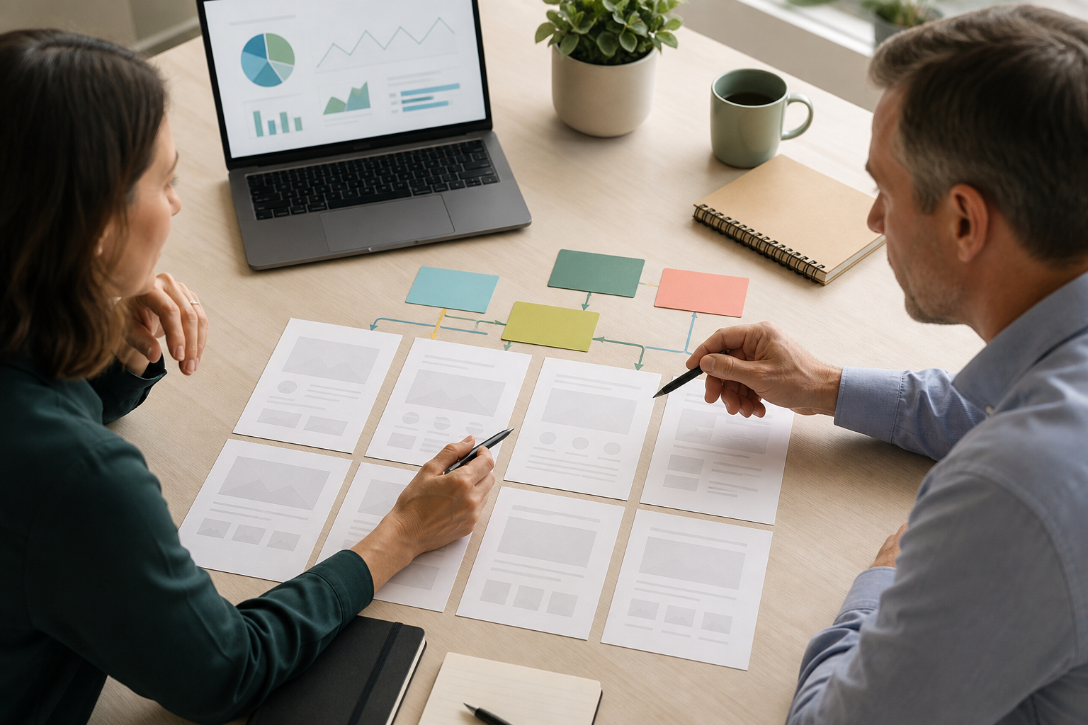 Business owner and consultant reviewing blank analytics charts and service page mockups after restructuring
