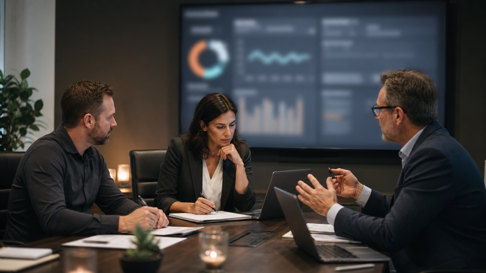 Small business leadership team reviewing AI workflow logs and exceptions during a monthly governance review