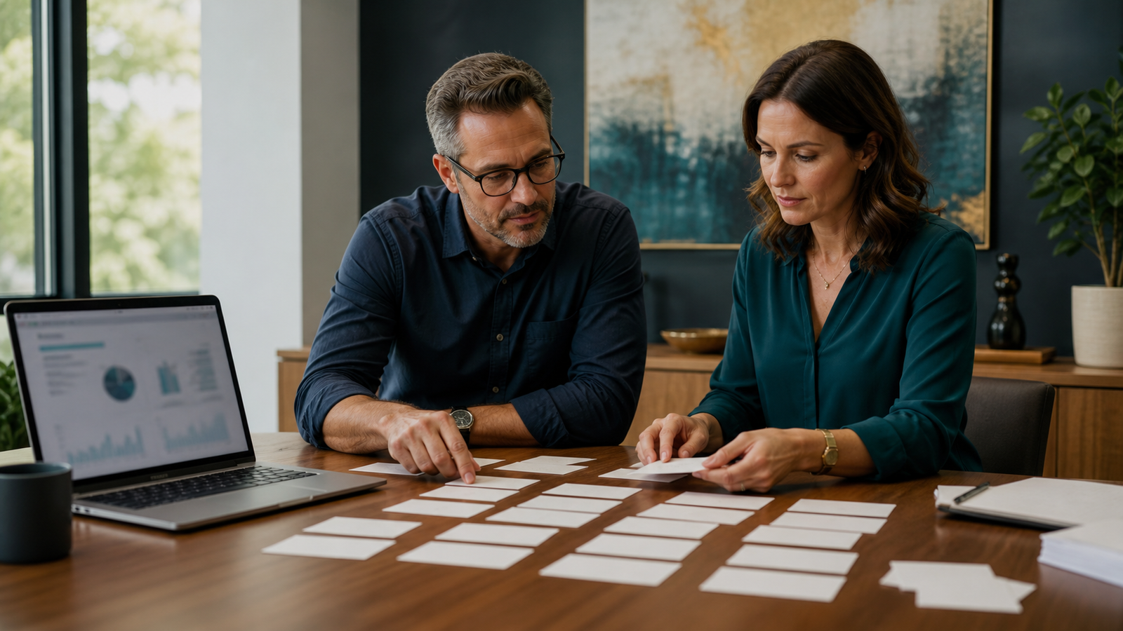 Business owner and consultant prioritizing monthly GEO scorecard findings into next actions