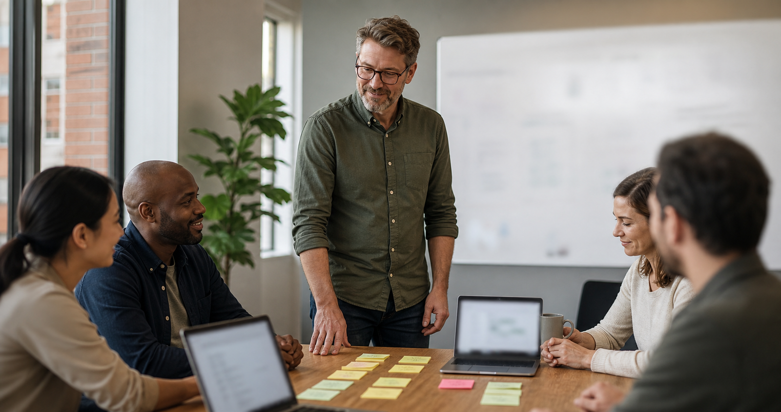 Small business leadership team narrowing many AI automation ideas into one controlled pilot