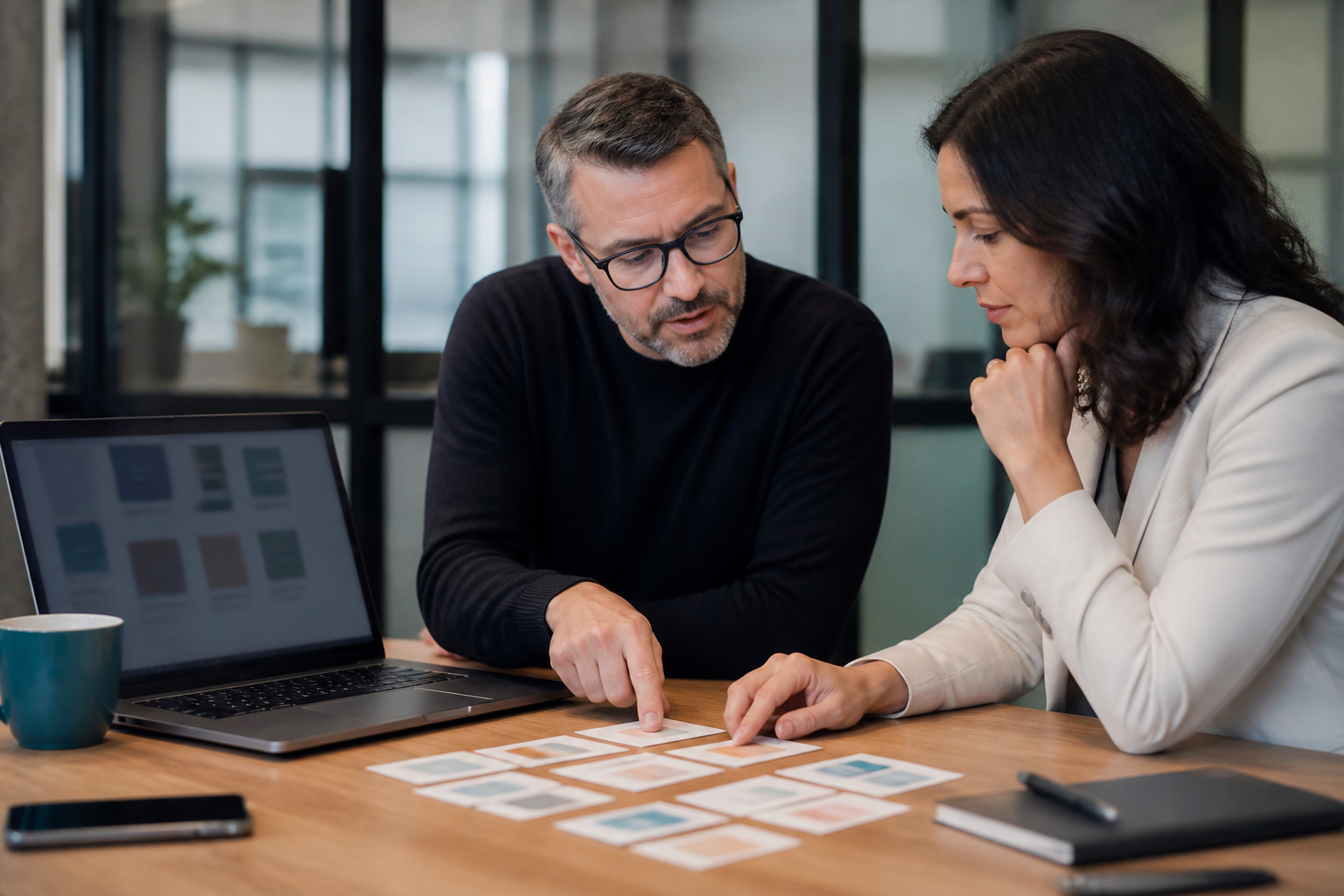 Small business managers comparing generic off-the-shelf AI tool options using blank cards and blurred software screens
