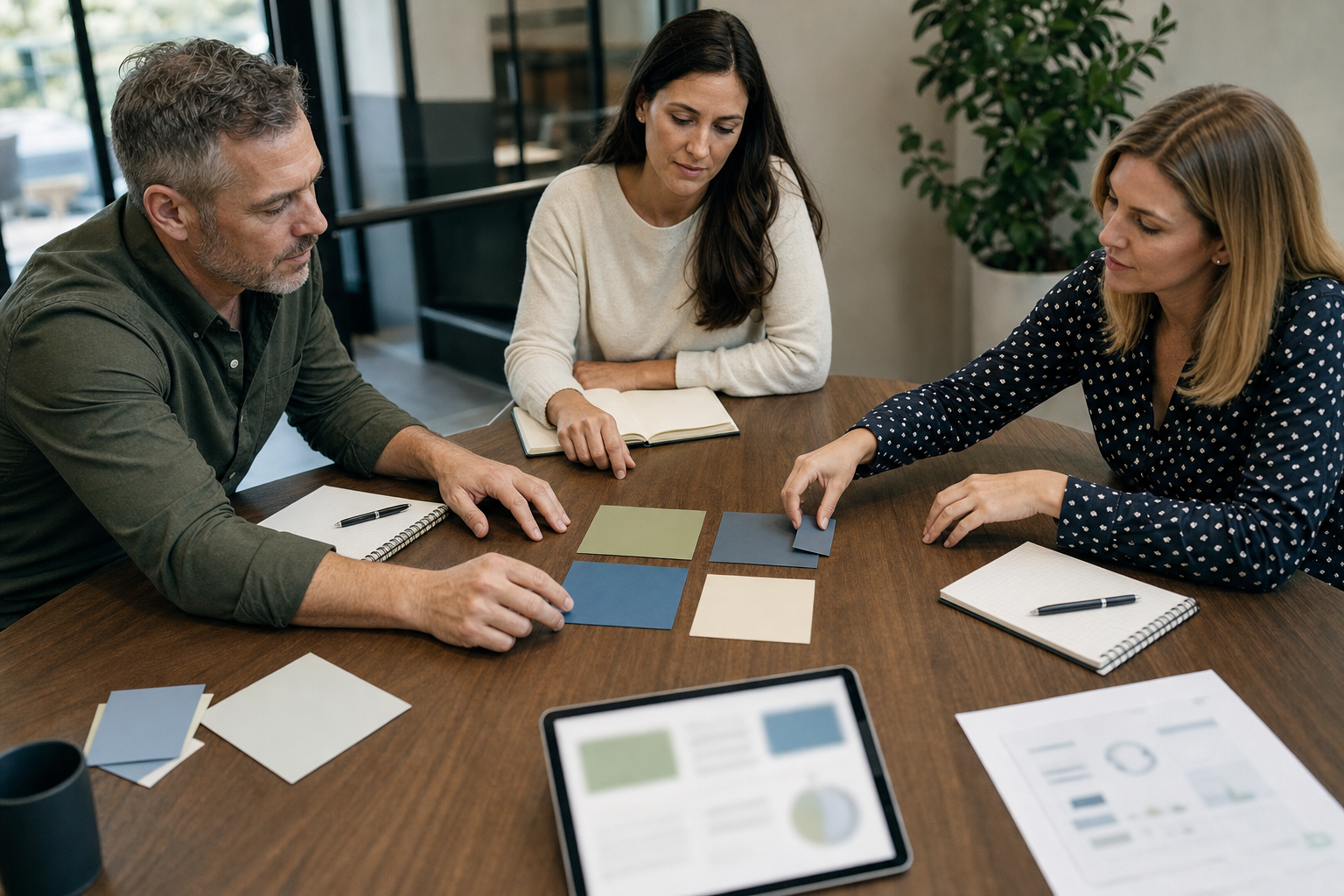 Small business team comparing AI automation opportunities with abstract colored cards and unreadable screens