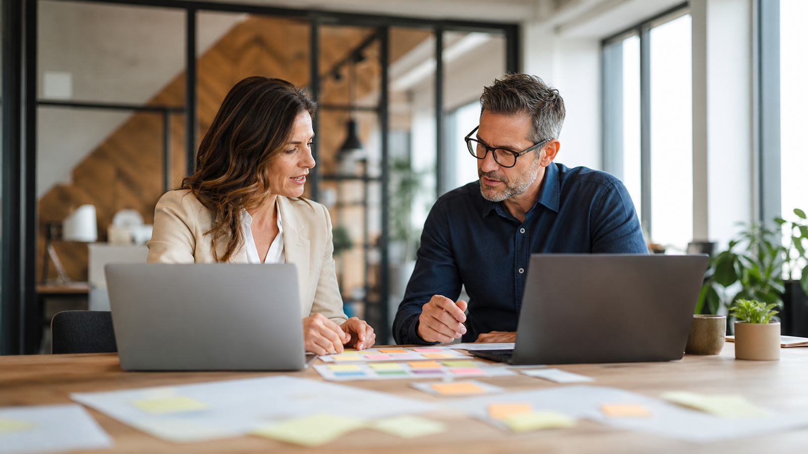 Business owner and advisor reviewing real customer workflow examples for AI search content