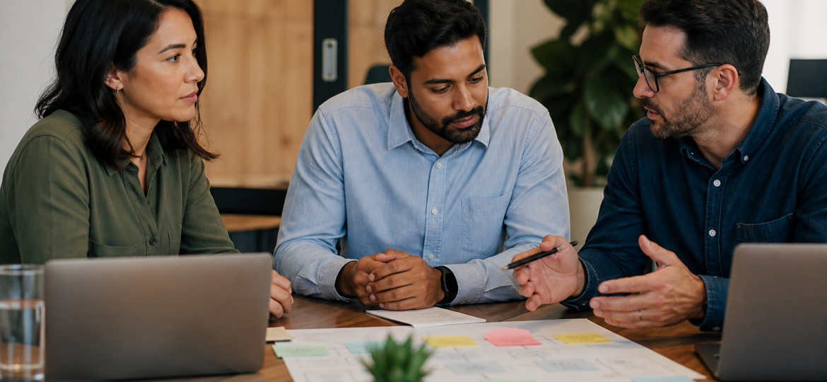 Small business leaders deciding whether to build AI automations in-house or outsource them during a workflow planning session