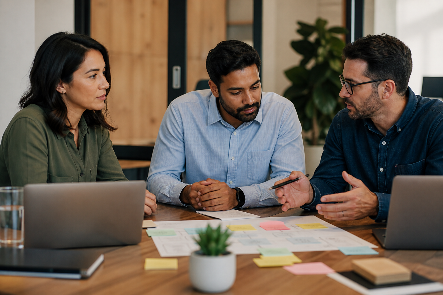 Small business leaders deciding whether to build AI automations in-house or outsource them during a workflow planning session
