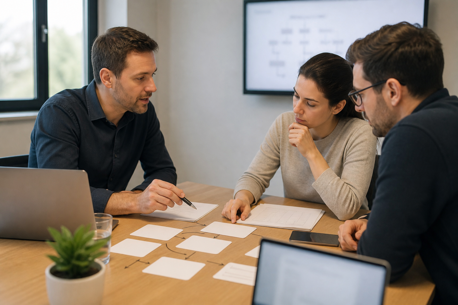 External AI automation specialist handing over a workflow to internal team members with unreadable process cards