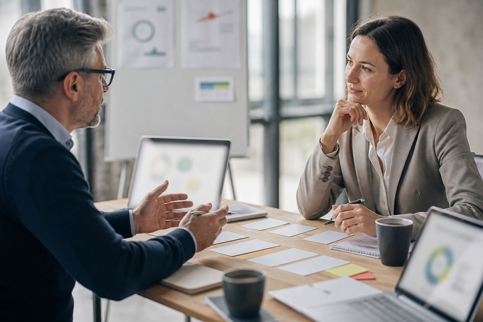 Small business owner reviewing AI automation scope and risk with an external automation partner