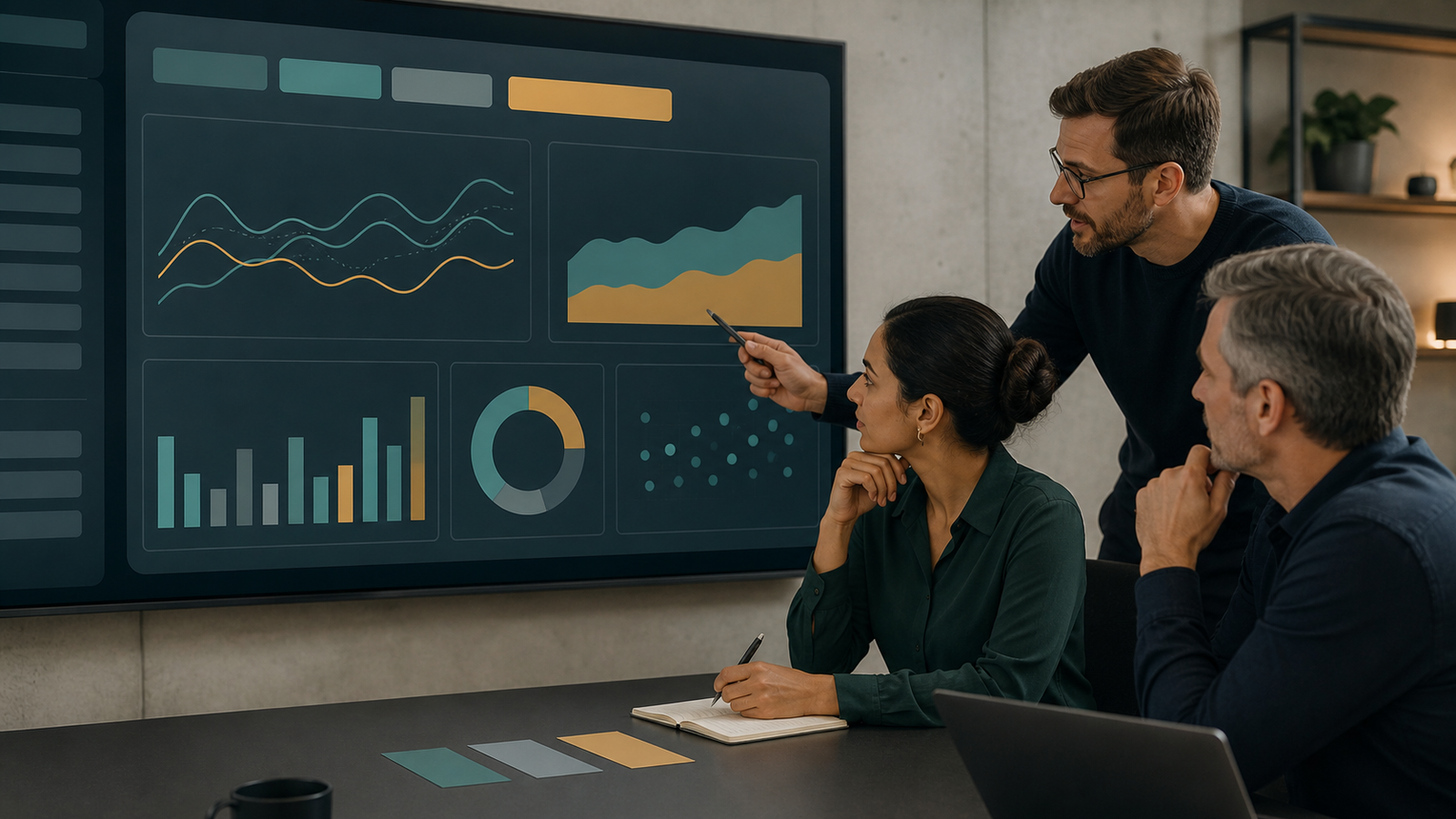Small business team reviewing abstract page and query-family visibility charts on a wall display