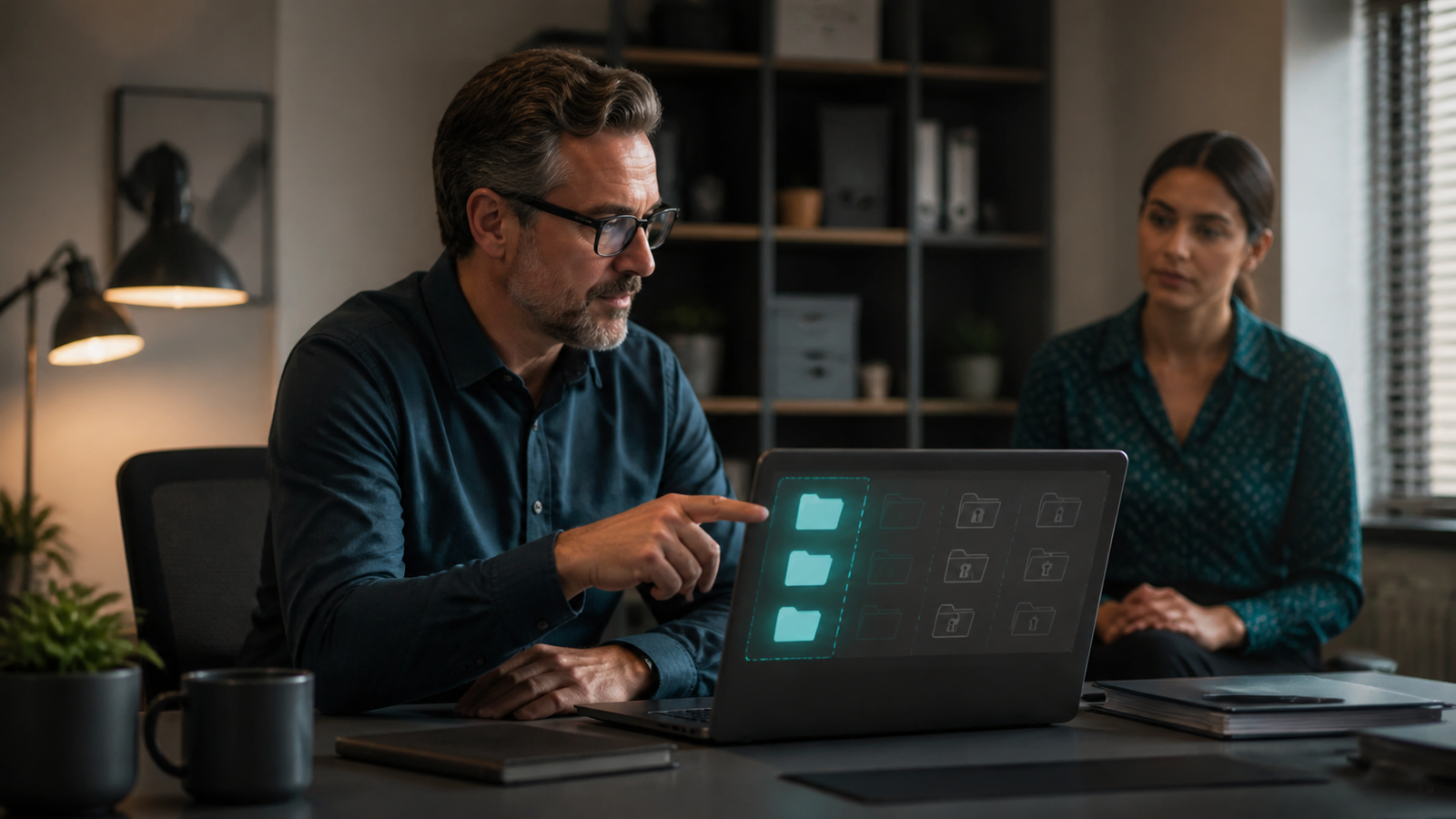 Small business manager reviewing permission boundaries before AI accesses internal documents