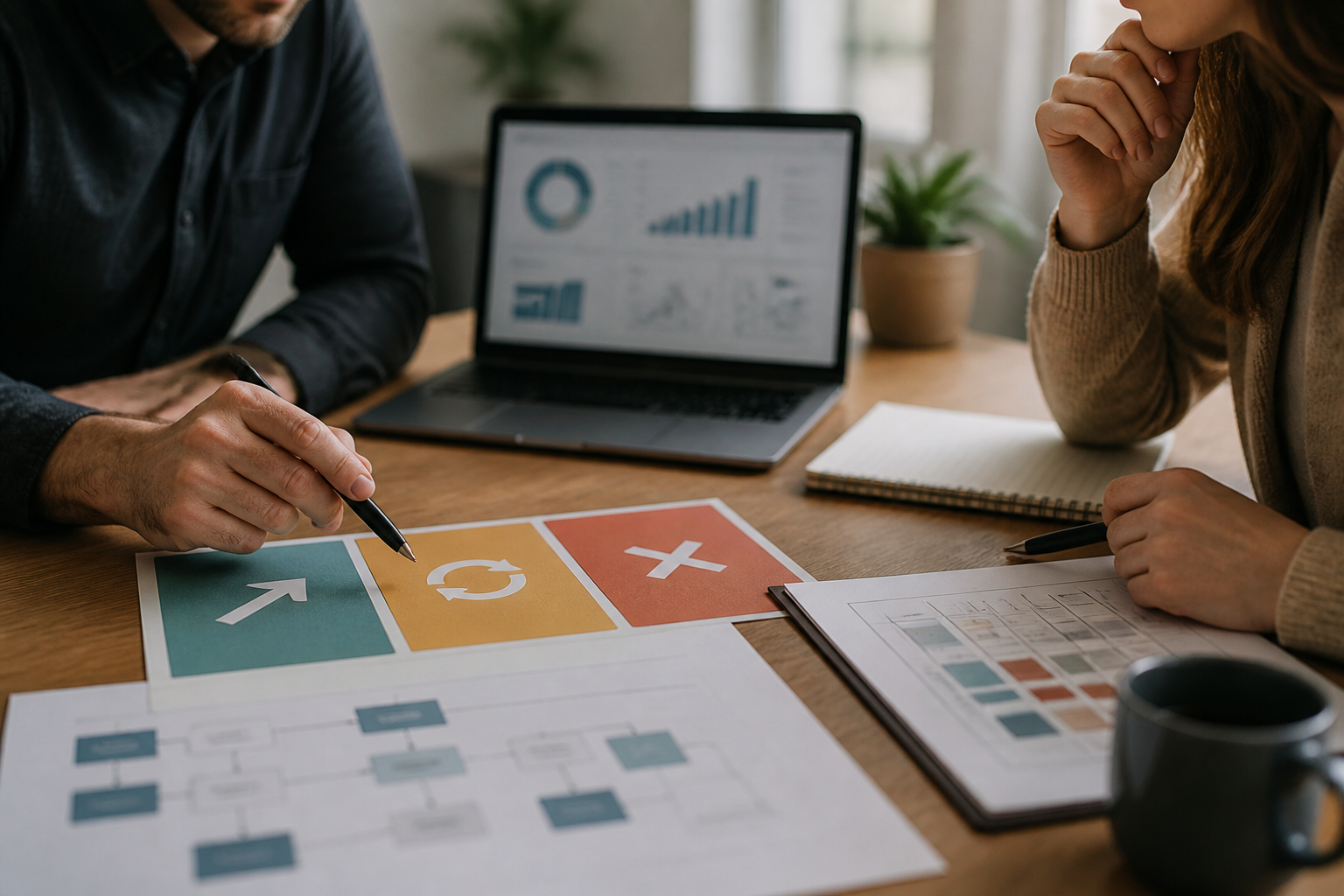 Business owner and consultant reviewing AI automation pilot evidence before deciding whether to continue improve or stop