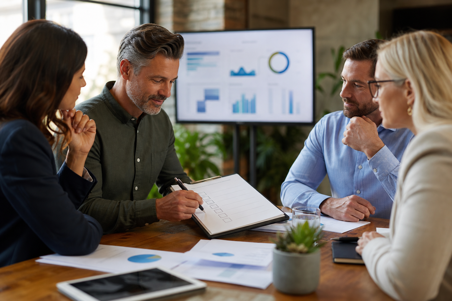 Small business leadership team reviewing pilot outcomes before expanding a human-reviewed AI workflow