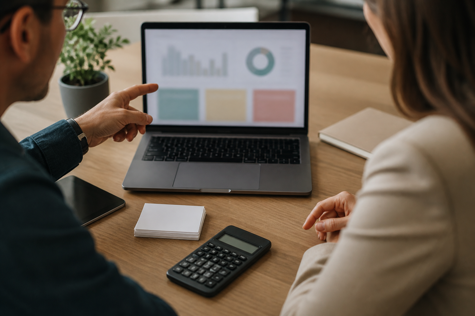 Small business owner and consultant reviewing abstract pilot results after AI automation testing