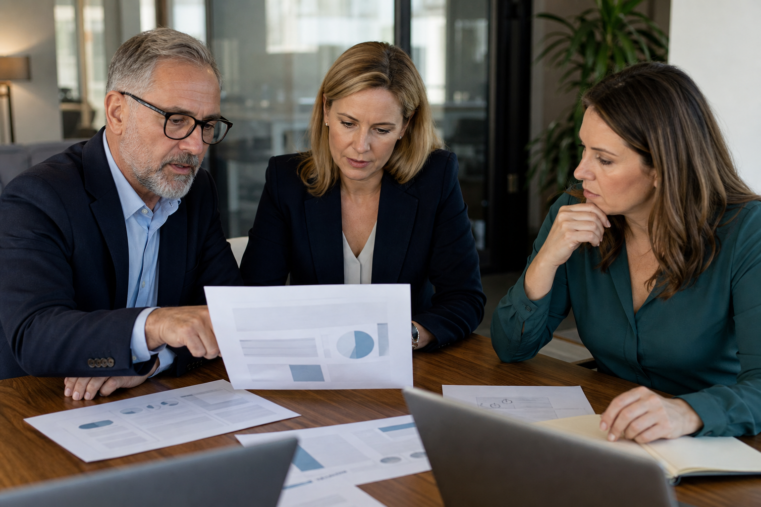 Executive team reviewing blurred AI workflow pilot measurements