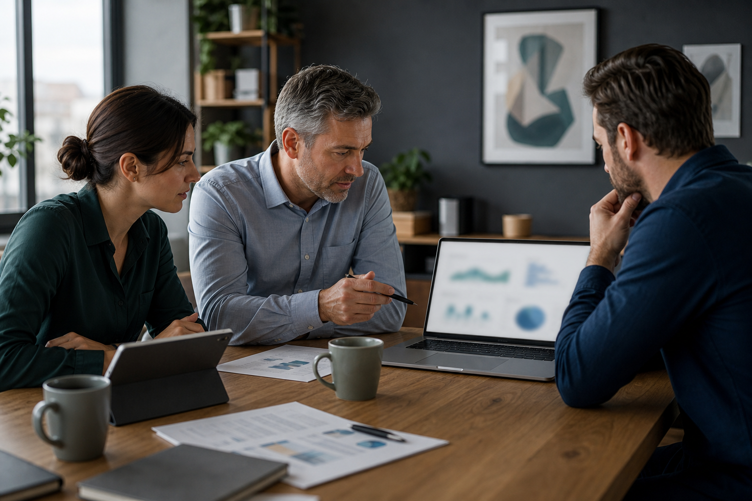 Small business team reviewing a blurred pilot dashboard after testing one AI automation workflow