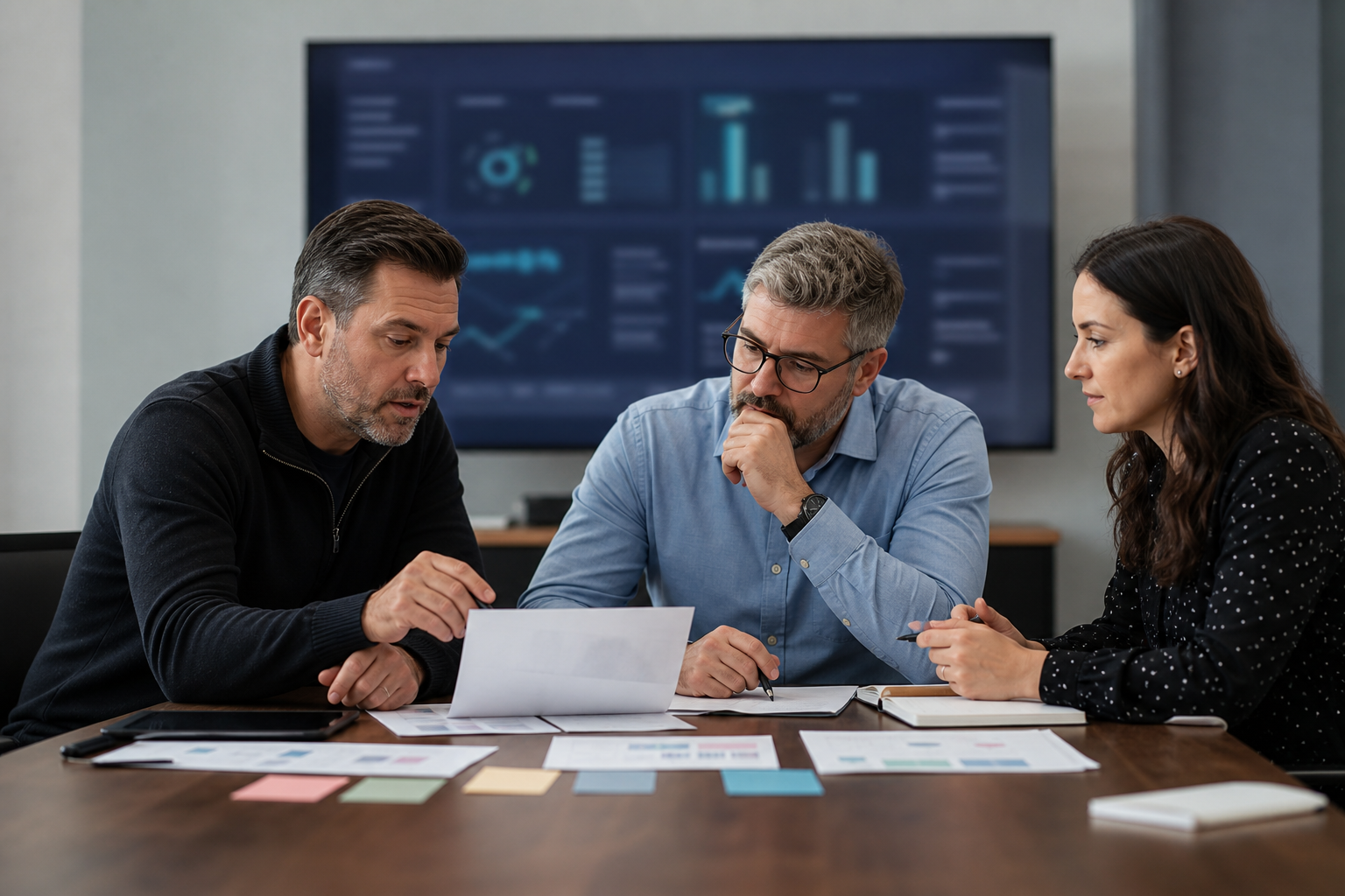 Small business leaders reviewing AI automation pilot results and future ownership with blurred dashboards
