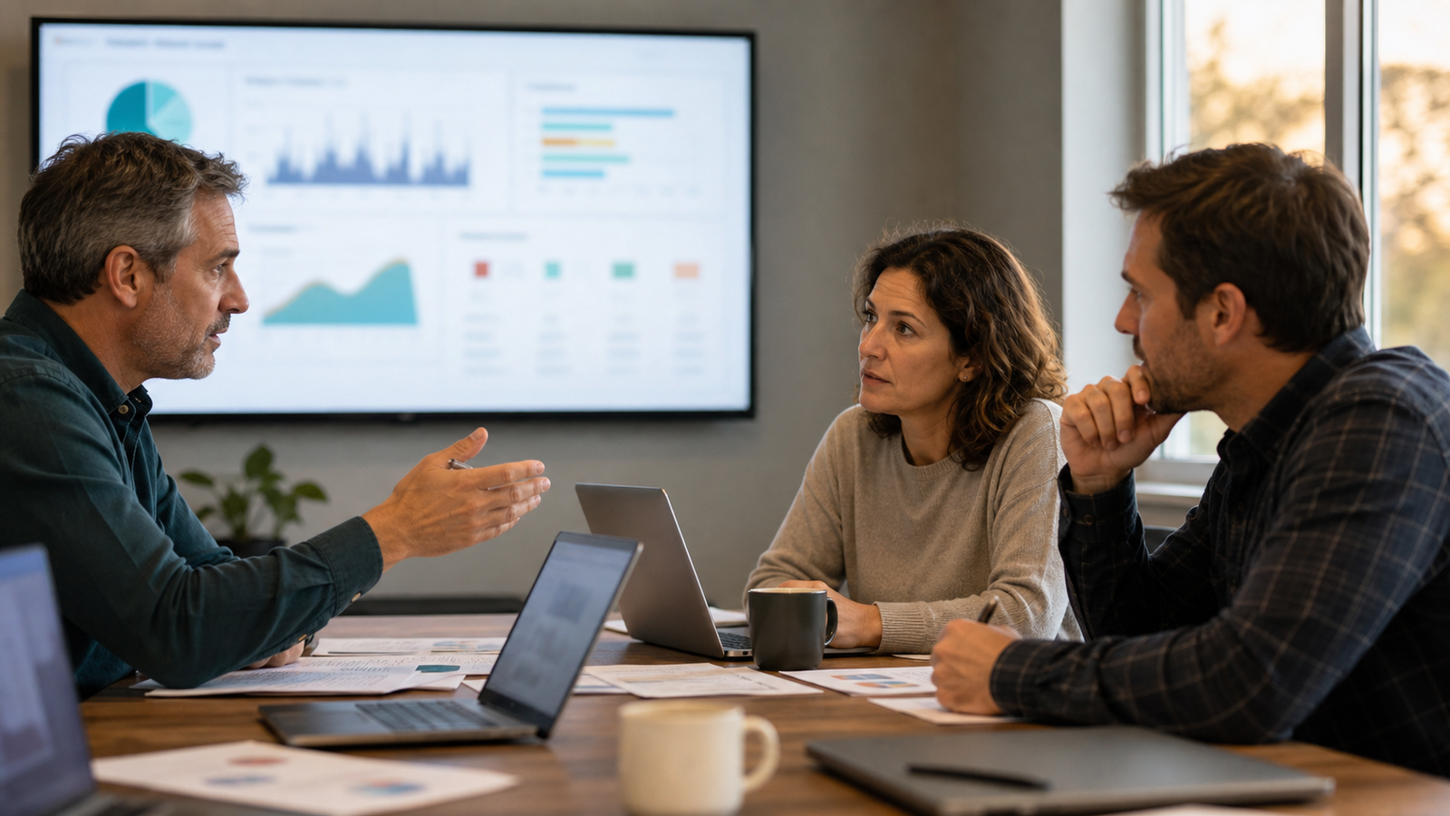 Small business leadership team reviewing abstract pilot automation results on blurred dashboards