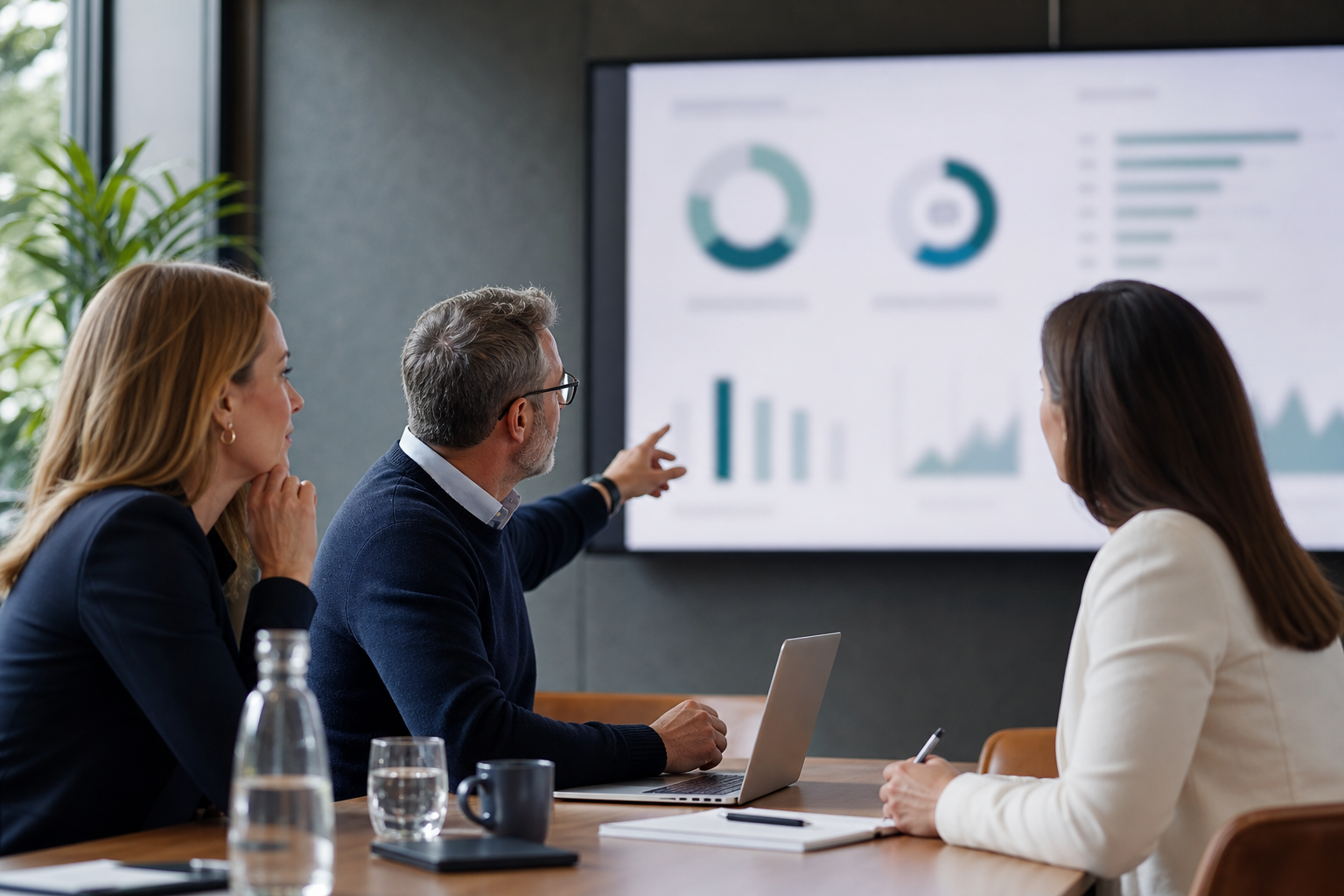 Small business leadership team reviewing blurred AI automation pilot results