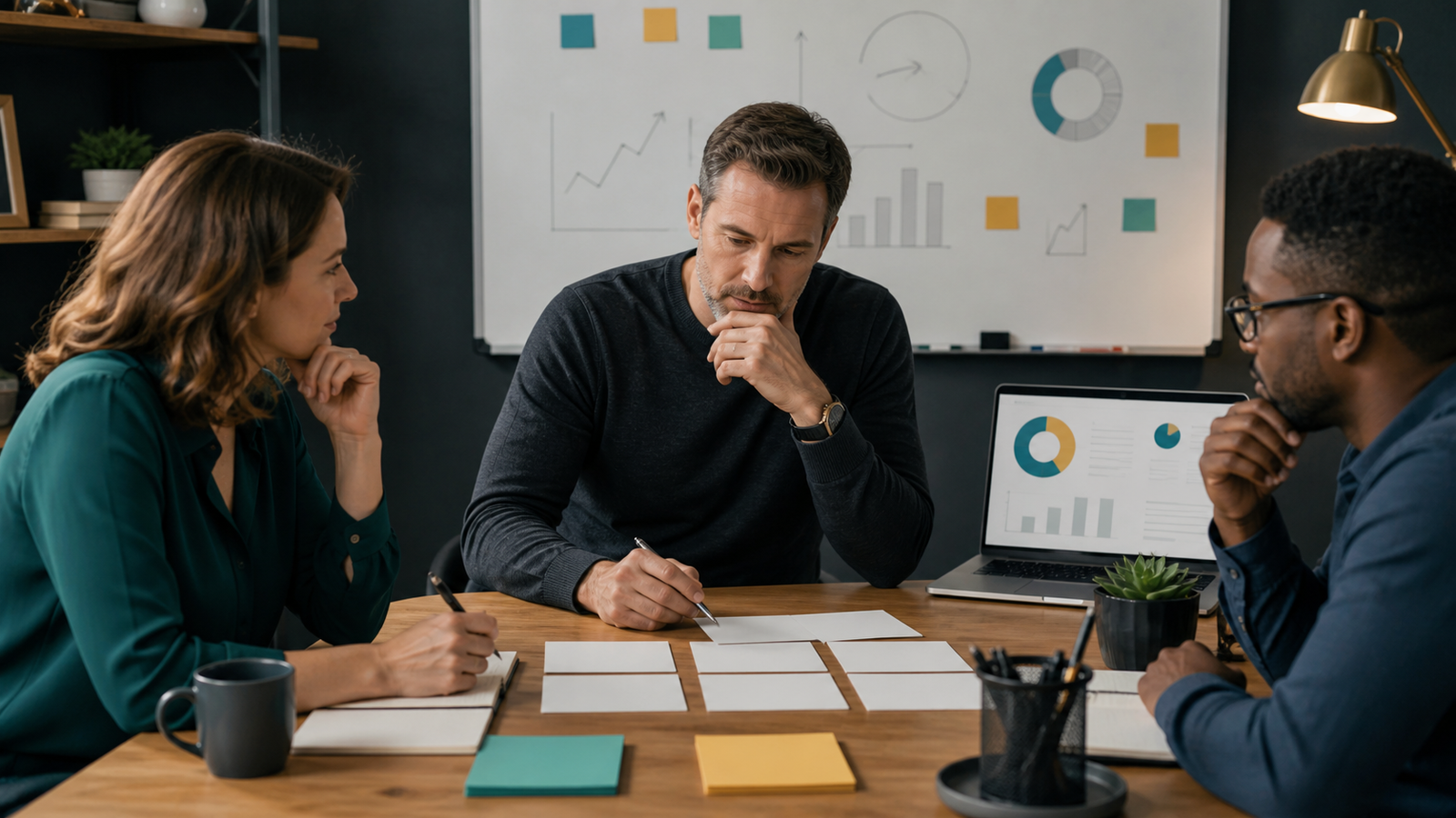 Small business leadership team reviewing blank retrospective cards after a 30-day AI pilot