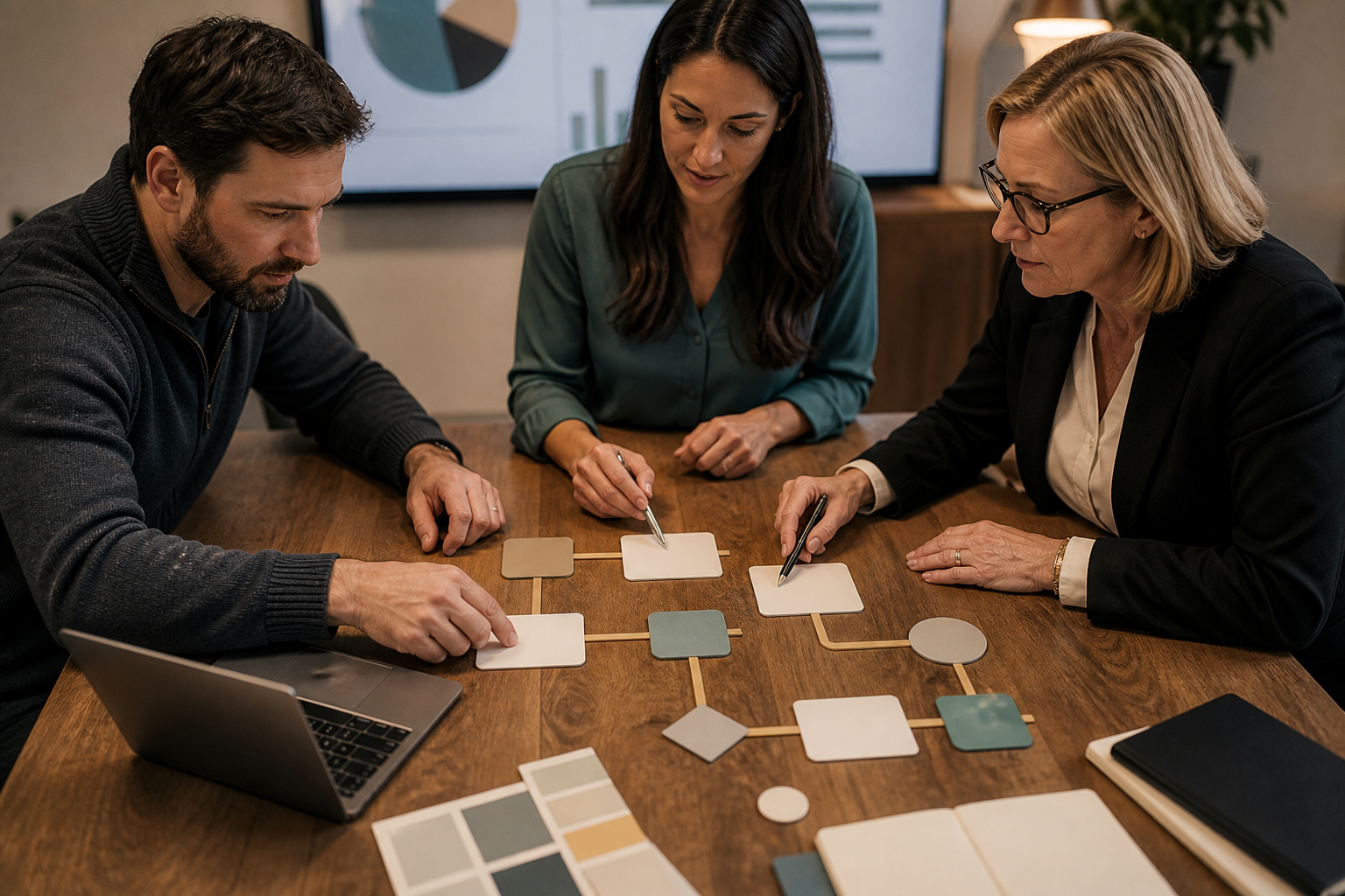 Small business owner consultant and team lead planning a limited AI automation pilot with blank workflow cards