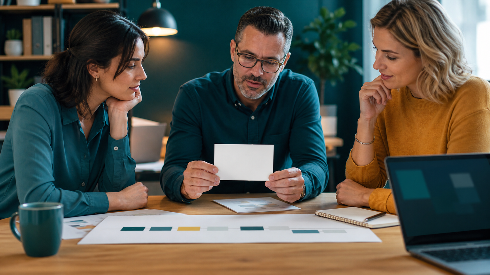 Small business team selecting one blank card as the first AI pilot after assessment
