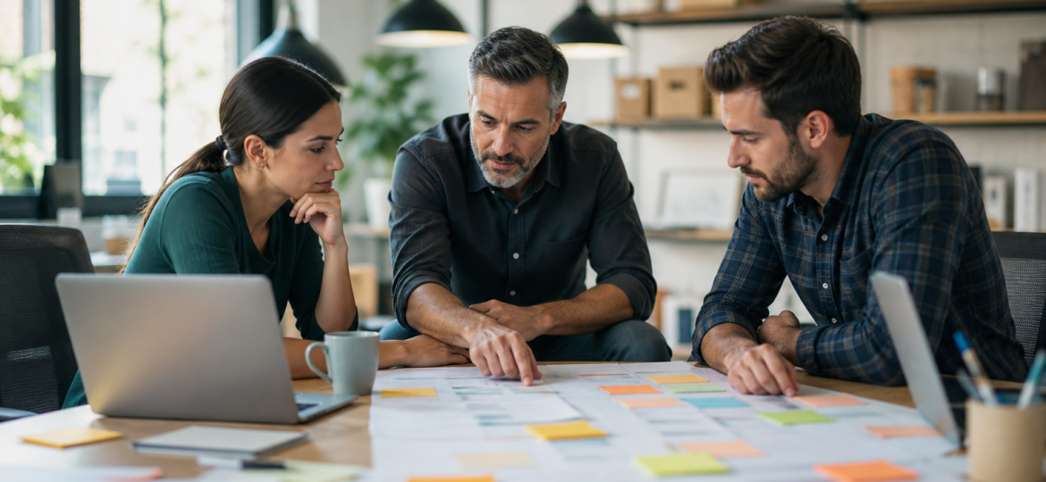 Small business team prioritizing AI automation projects around a practical workflow planning table