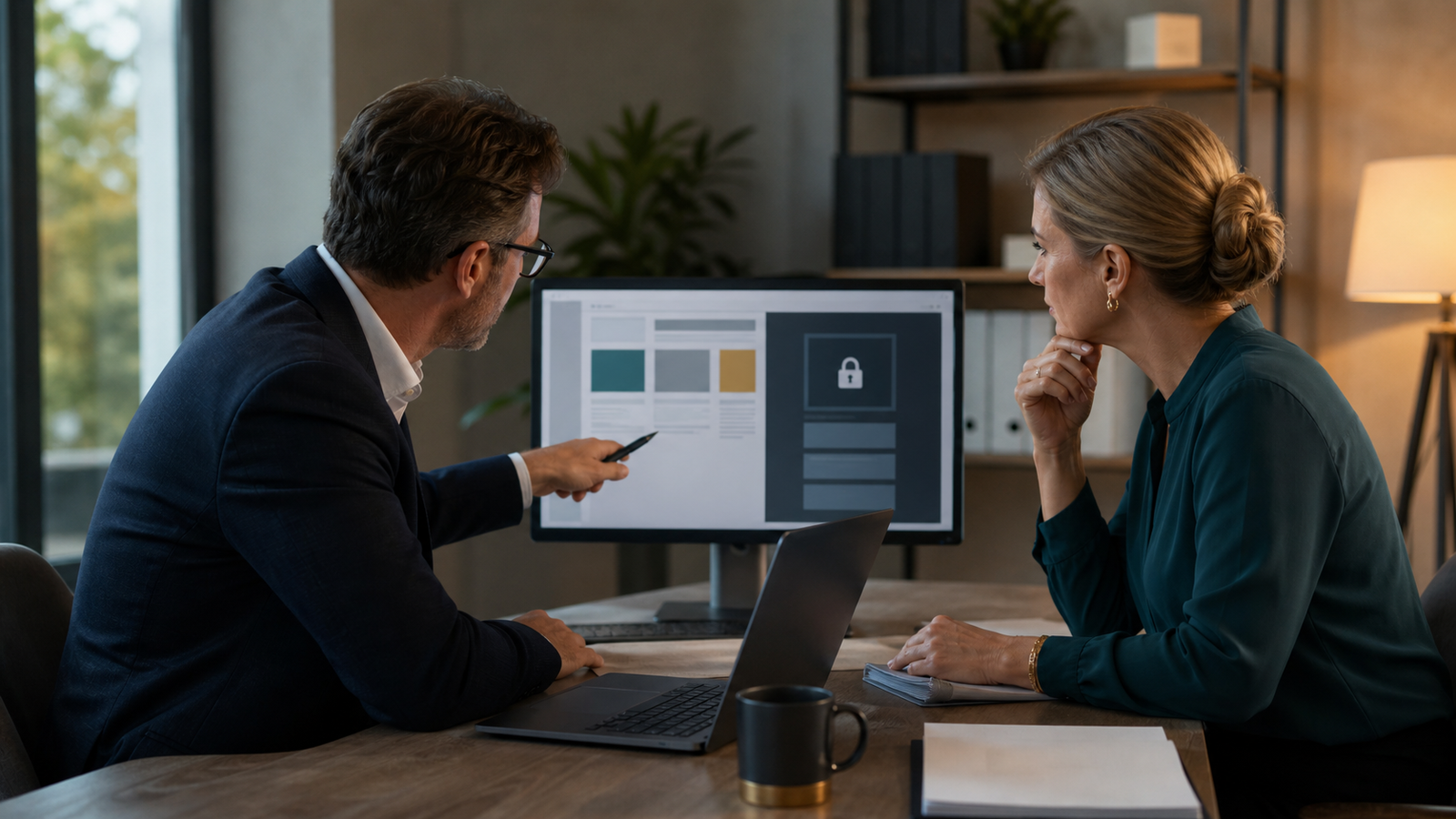 Professional services owner and advisor reviewing public website access and private client portal separation