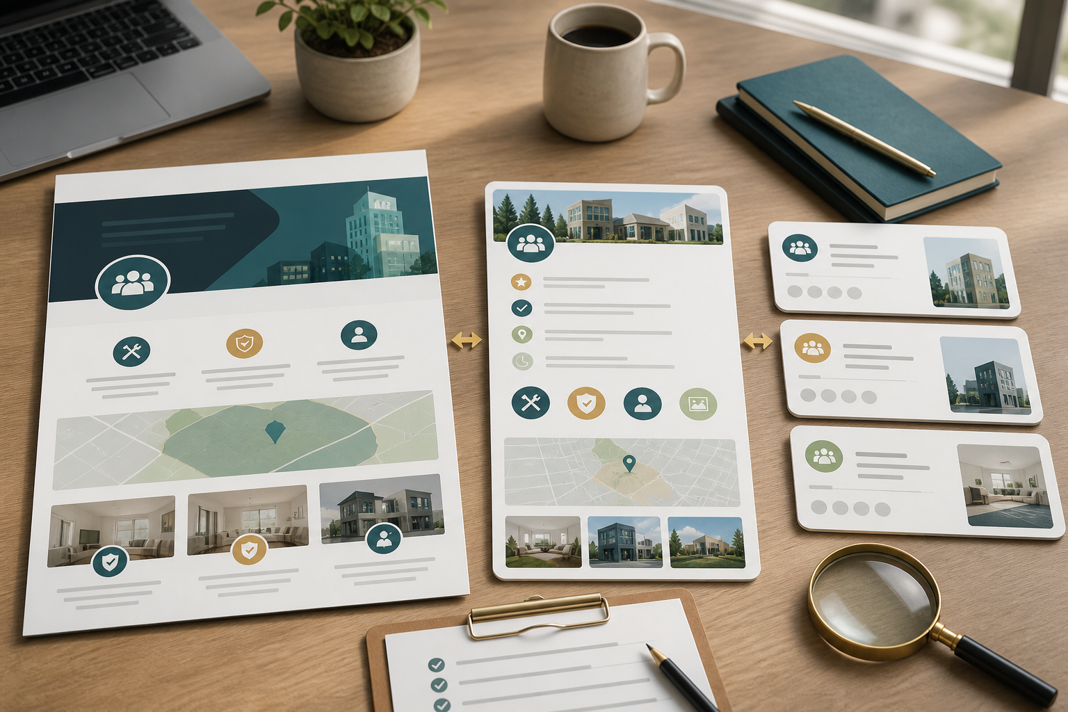 Website, business profile, and directory cards compared for service and location consistency