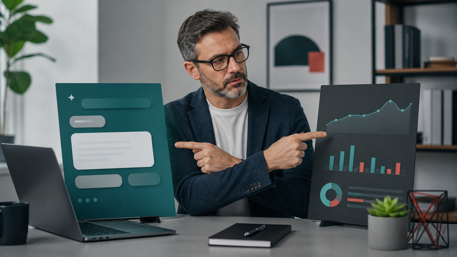 Consultant comparing an abstract AI answer panel with a separate analytics chart board without readable text