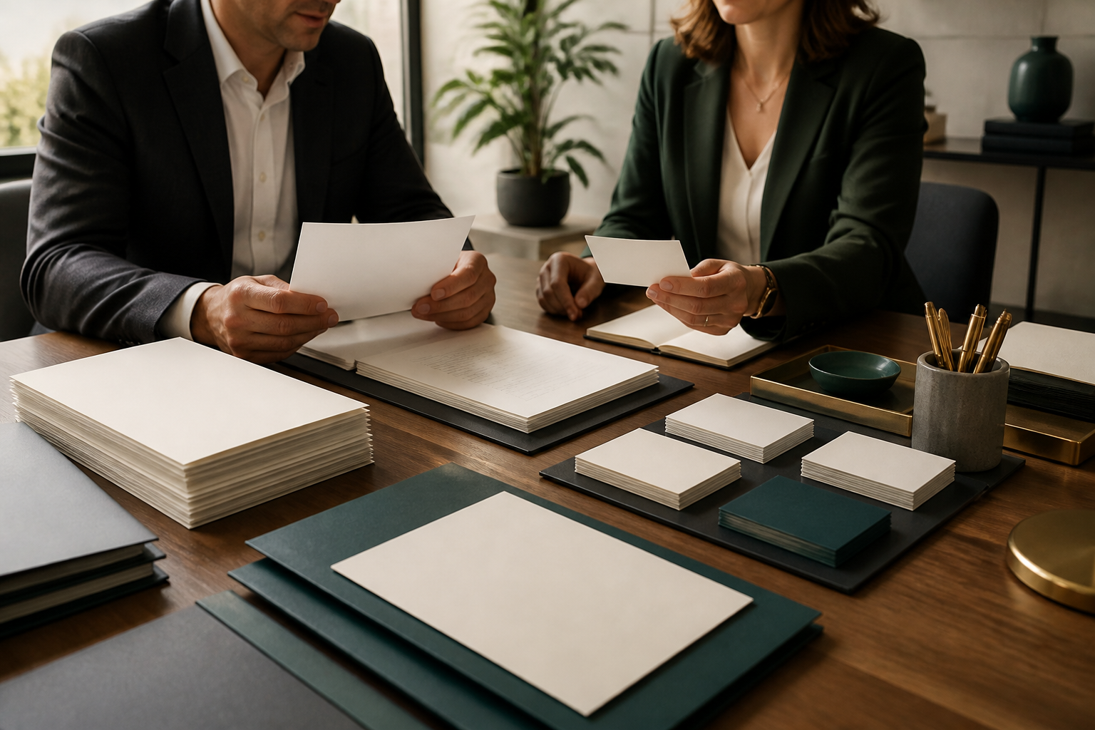 Advisor and business owner reviewing blank proof documents and service evidence cards