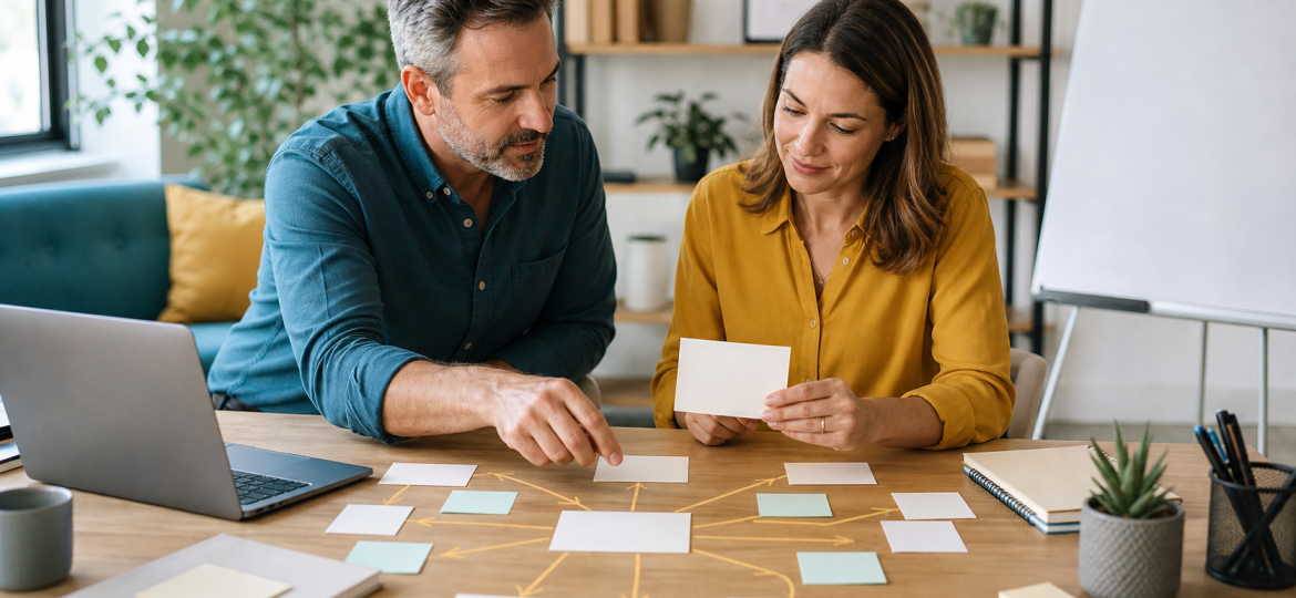 Small business owner and advisor turning one blank buyer question card into a query fan-out content brief