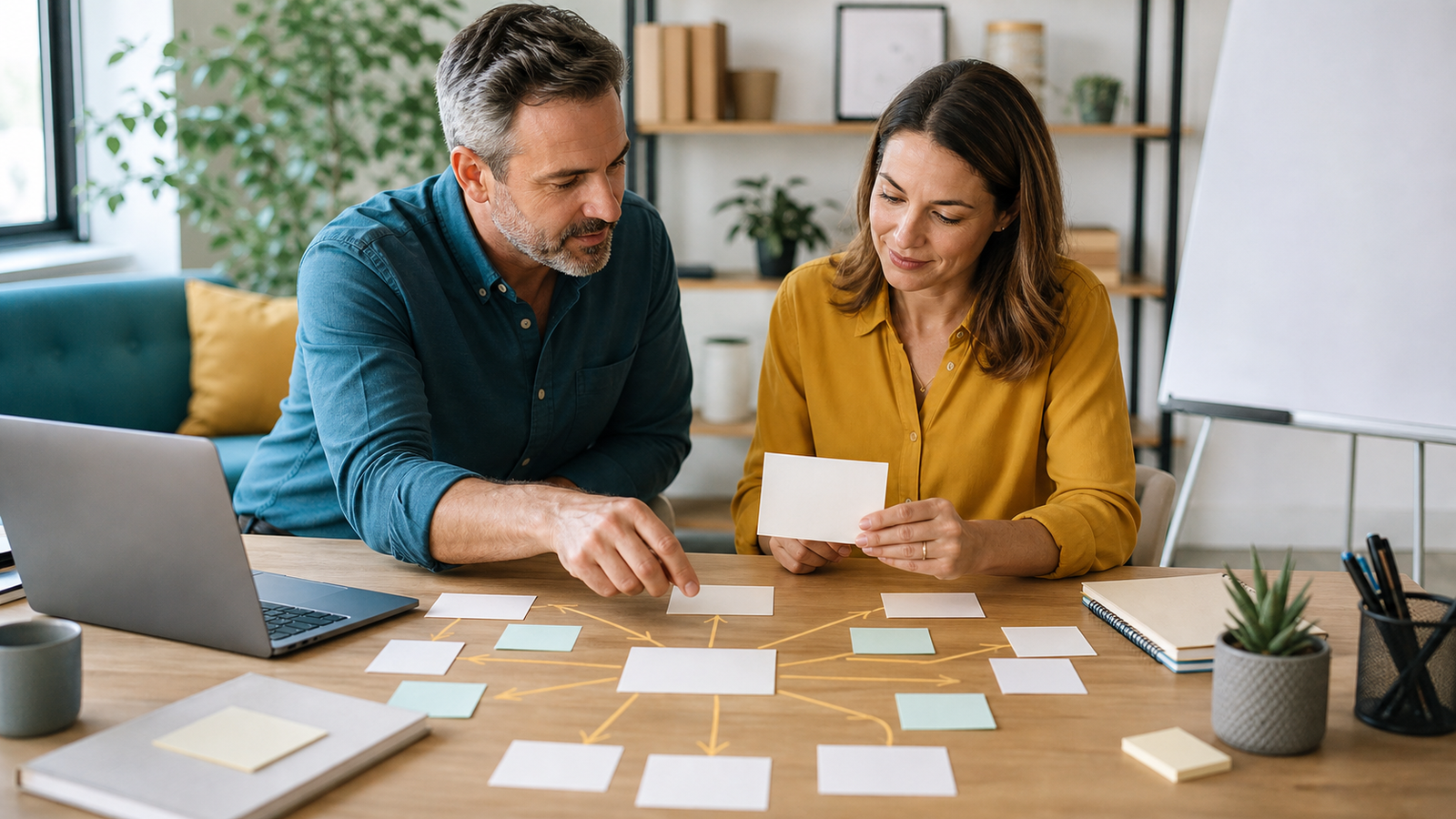 Small business owner and advisor turning one blank buyer question card into a query fan-out content brief