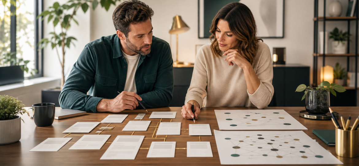 Small business owner and advisor reviewing blank website page cards and query fan-out coverage materials