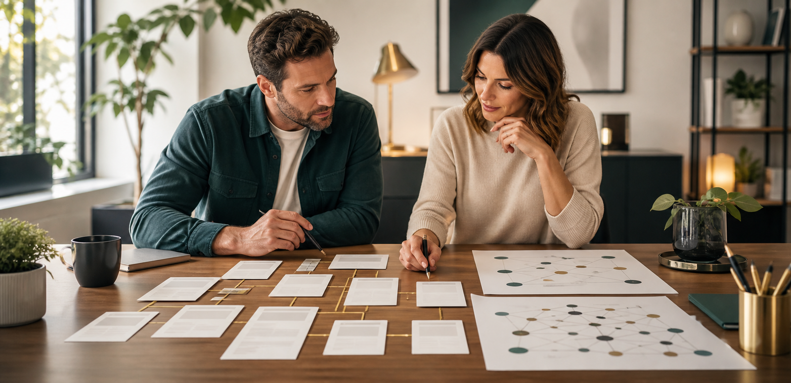 Small business owner and advisor reviewing blank website page cards and query fan-out coverage materials
