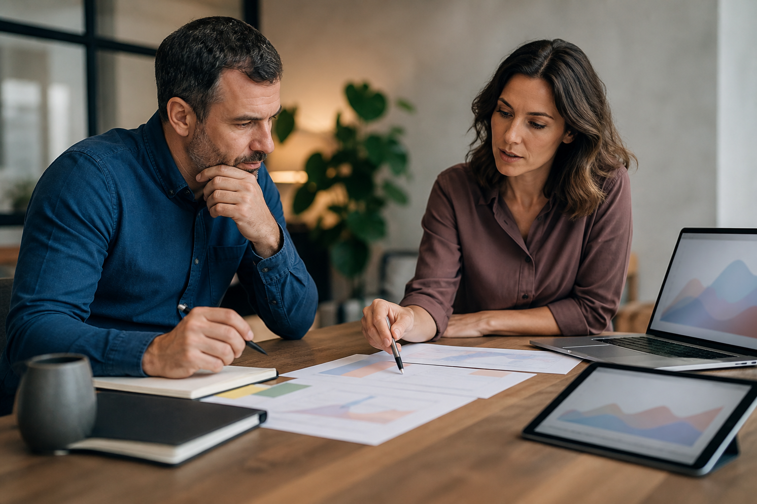 Small business owner and consultant reviewing blank query fan-out measurement reports