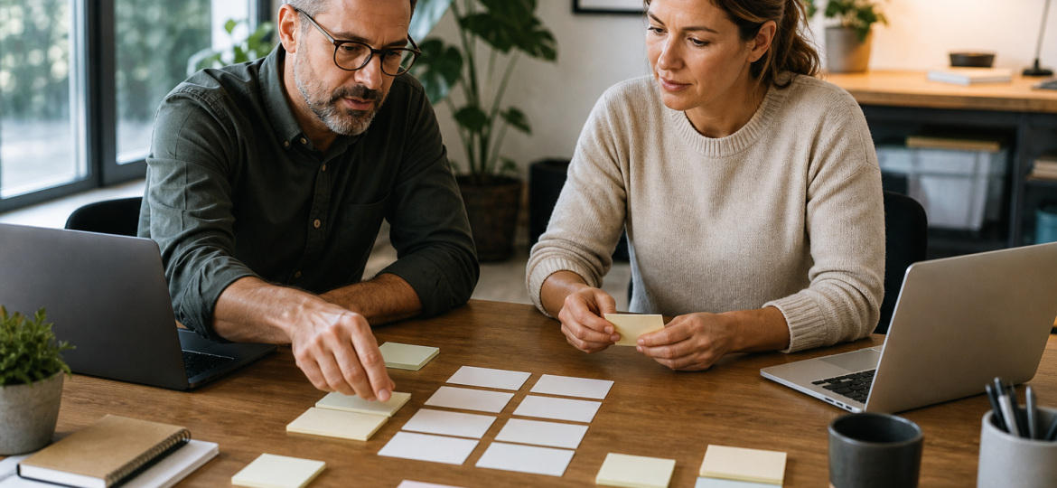 Small business owner and advisor sorting blank content planning cards into query fan-out and keyword clustering paths