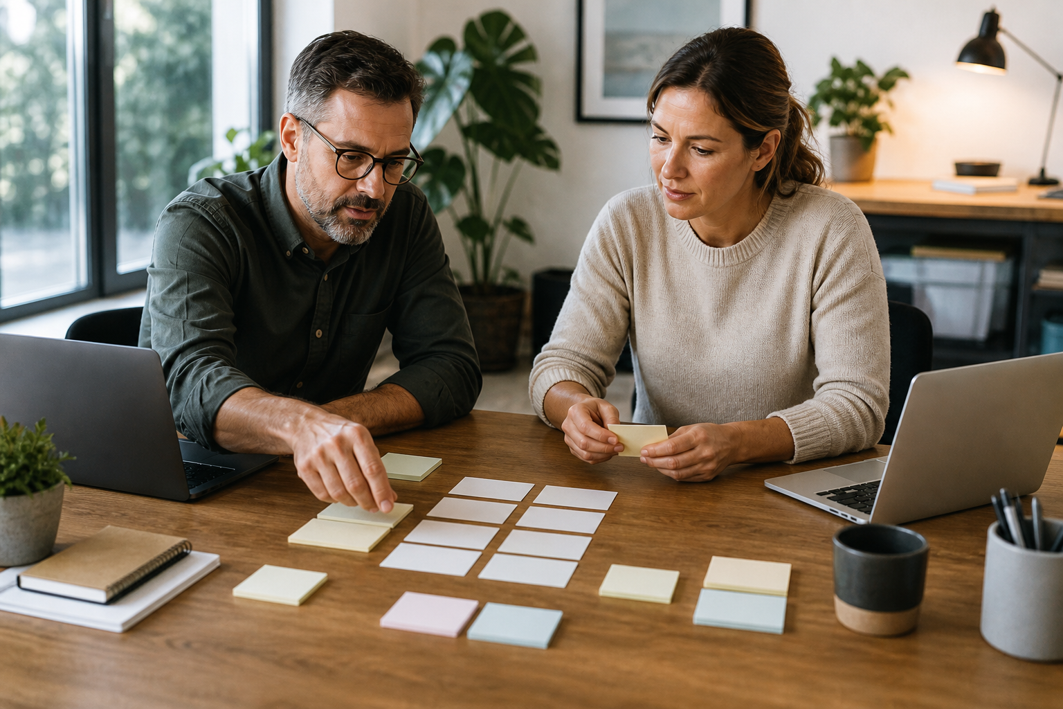 Small business owner and advisor sorting blank content planning cards into query fan-out and keyword clustering paths