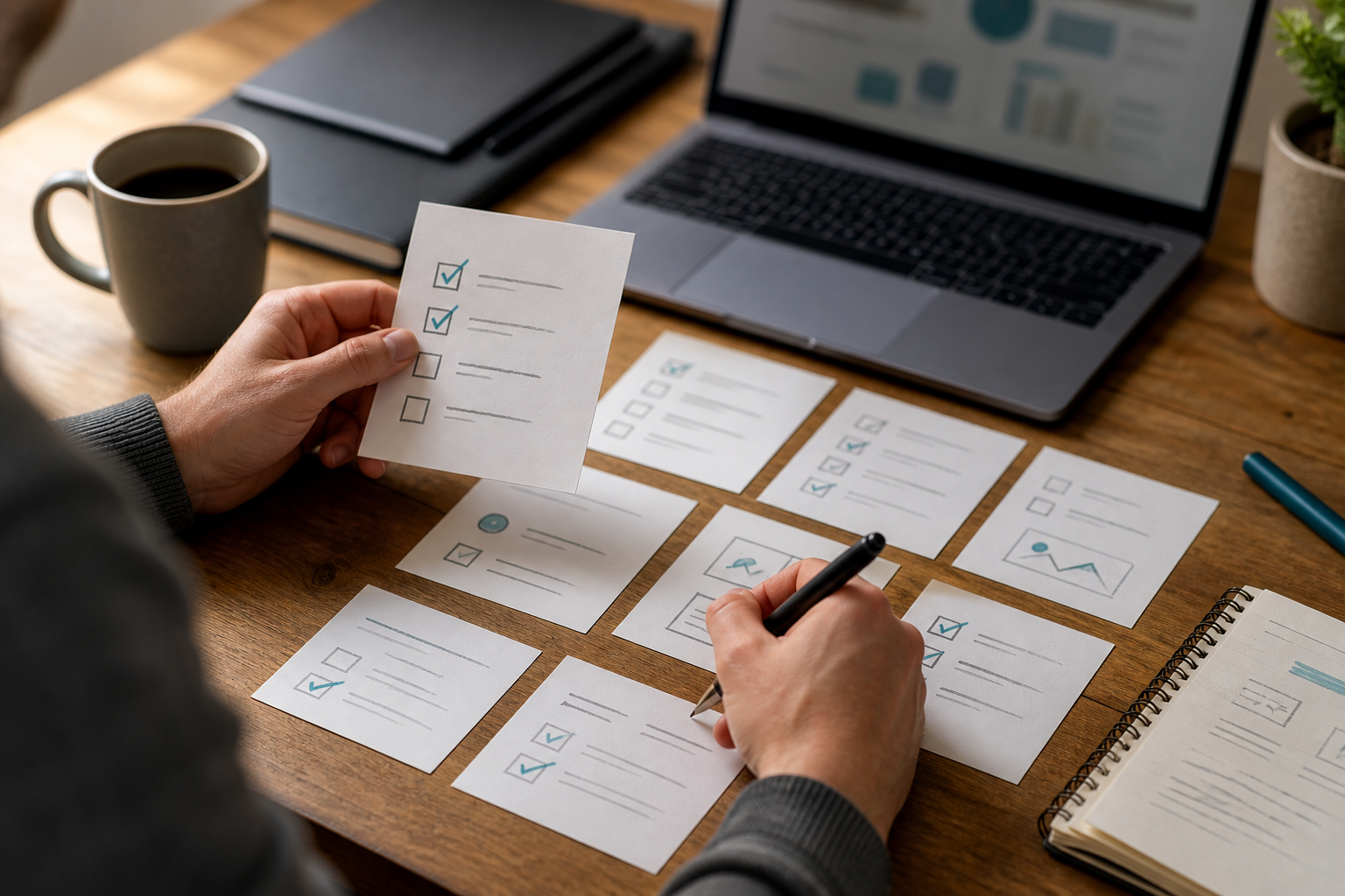 Small business owner reviewing an AI readiness checklist with abstract unreadable cards