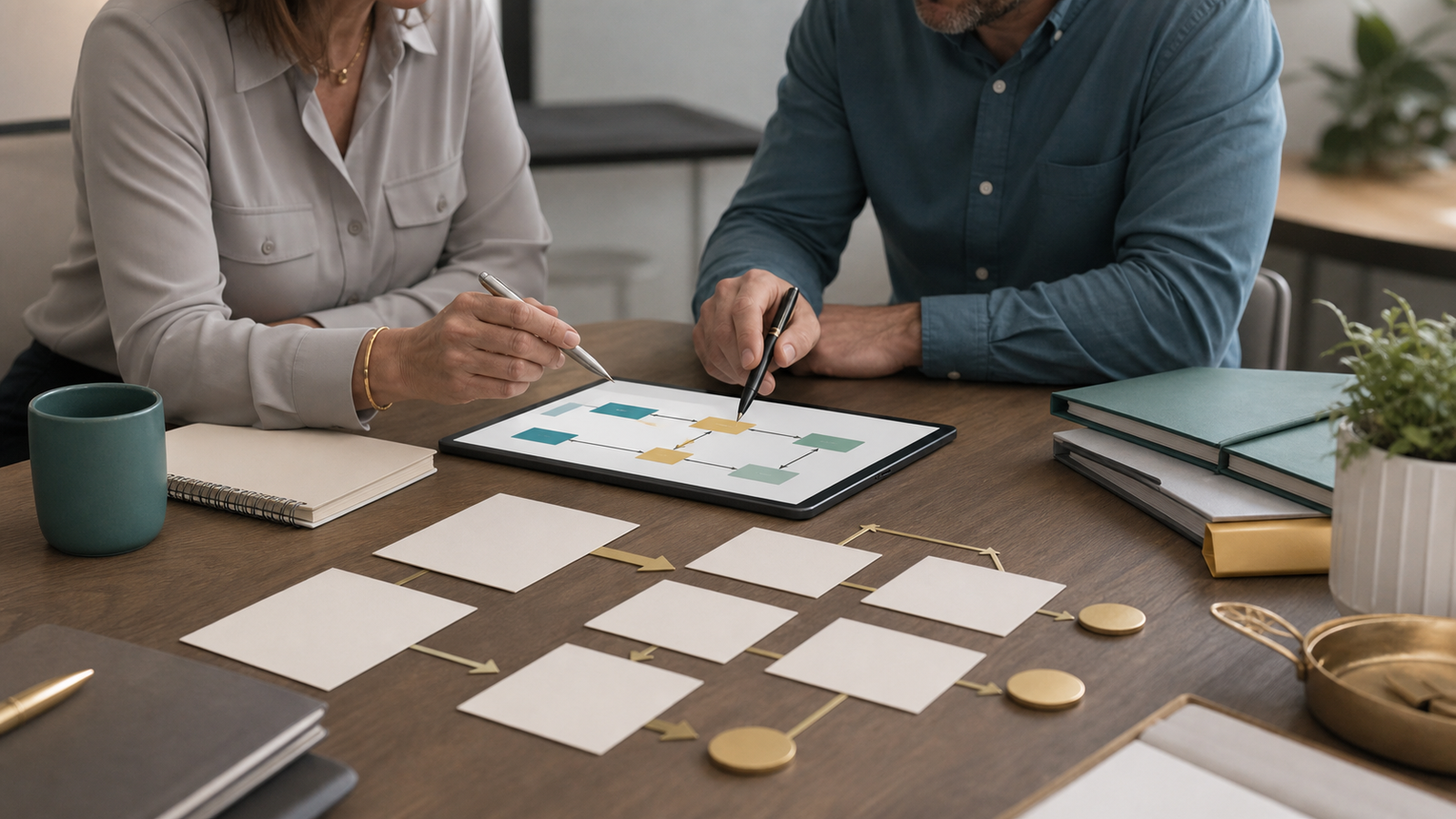 Small business team reviewing blank approval cards and data boundaries before an AI workflow pilot