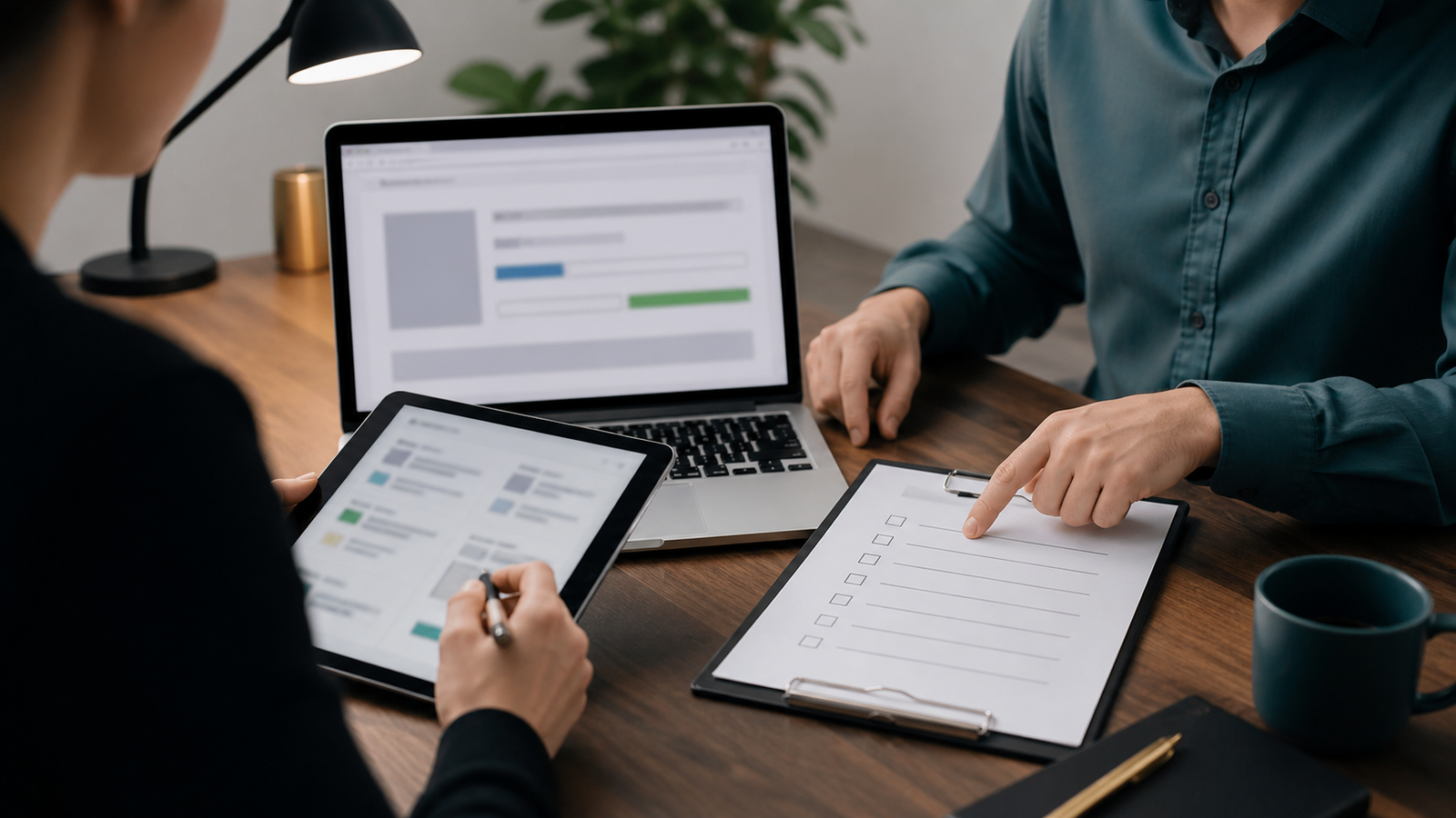 Business team checking crawler, noindex, and sitemap signals with an unreadable checklist