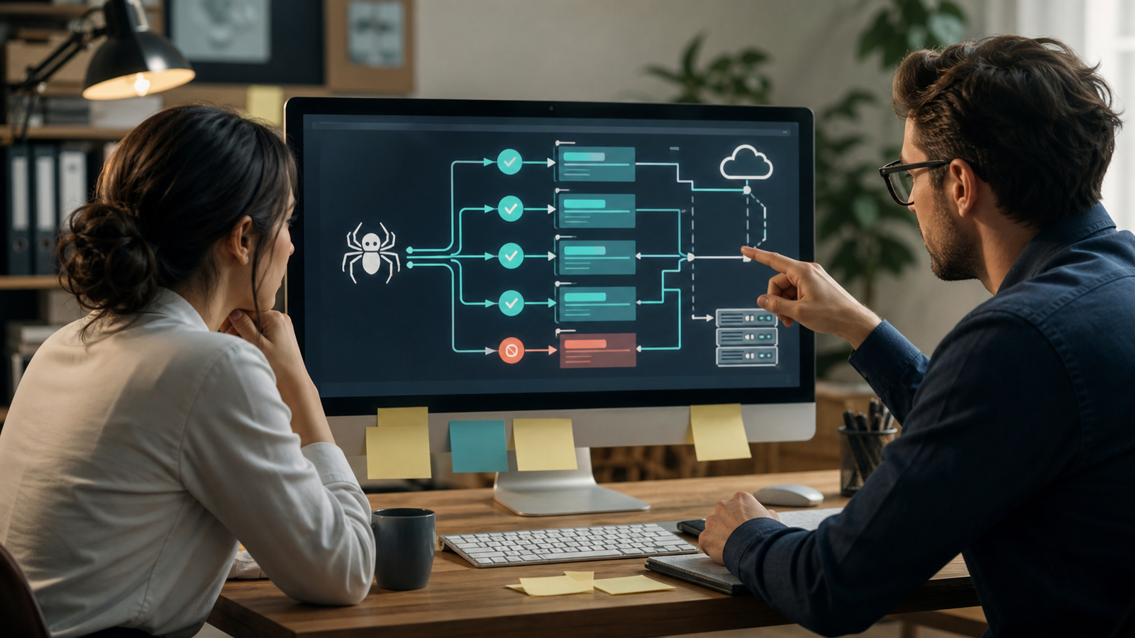 Business owner and developer reviewing abstract crawler policy rules for a public website
