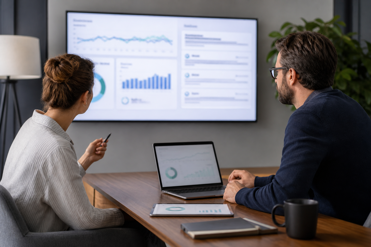 SaaS growth lead reviewing abstract AI search visibility dashboards with a founder