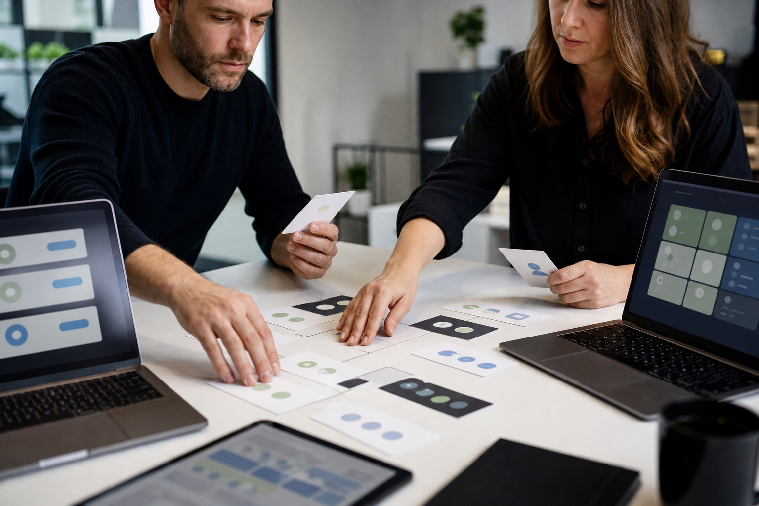 SaaS product marketer and founder arranging abstract workflow cards for product messaging clarity