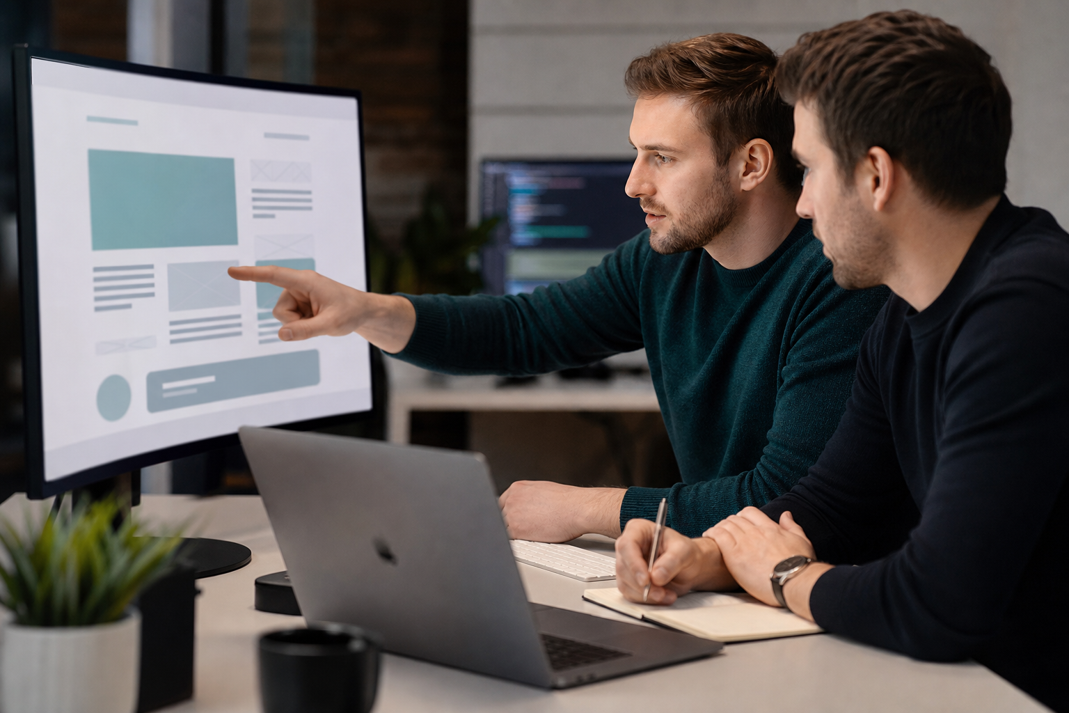 SaaS founder and developer reviewing an abstract product page wireframe for AI search understandability