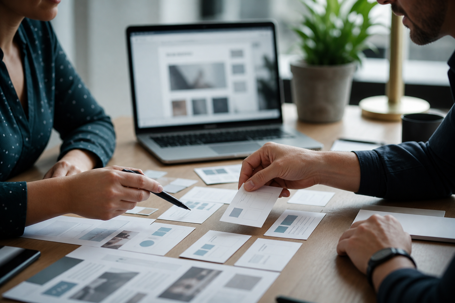 Business owner and website consultant choosing useful schema markup with unreadable planning cards