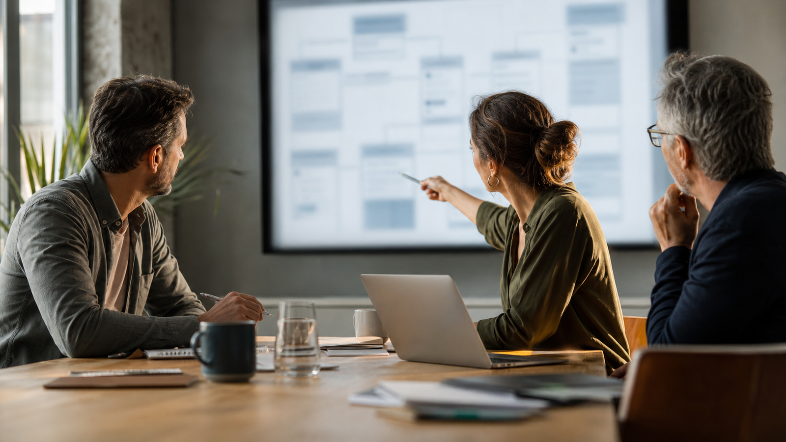 Small business owner and web advisor reviewing schema markup decisions for GEO and AI search visibility
