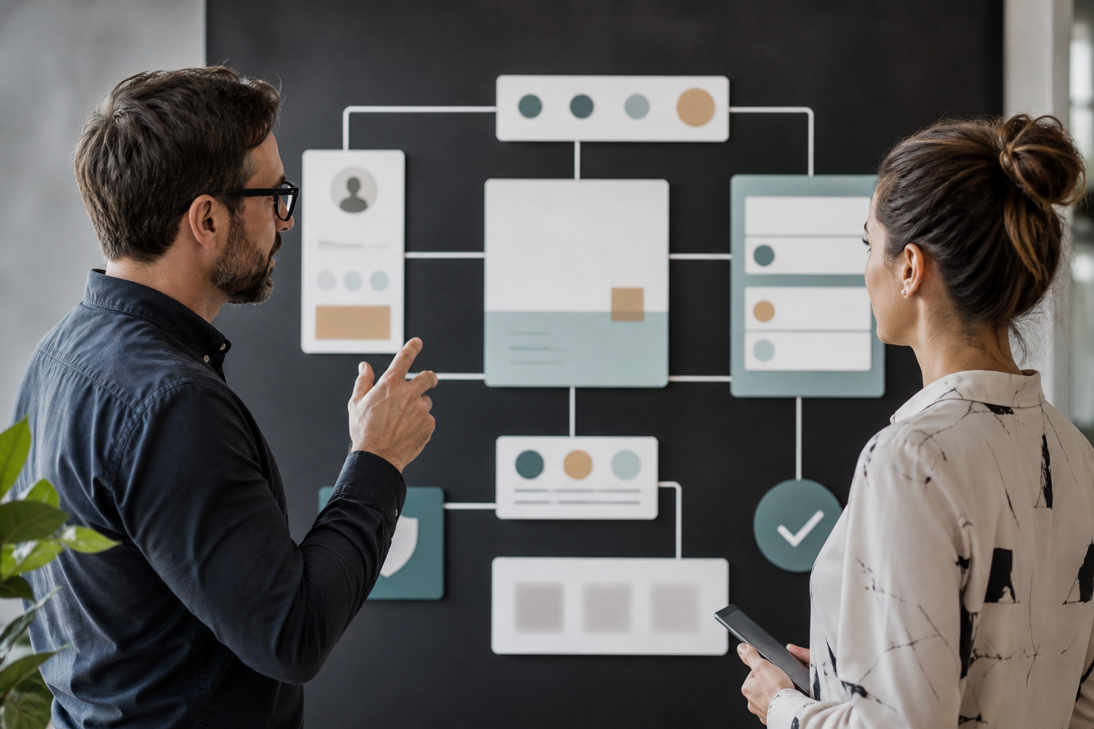 Advisor and business owner reviewing abstract connected content architecture without readable text