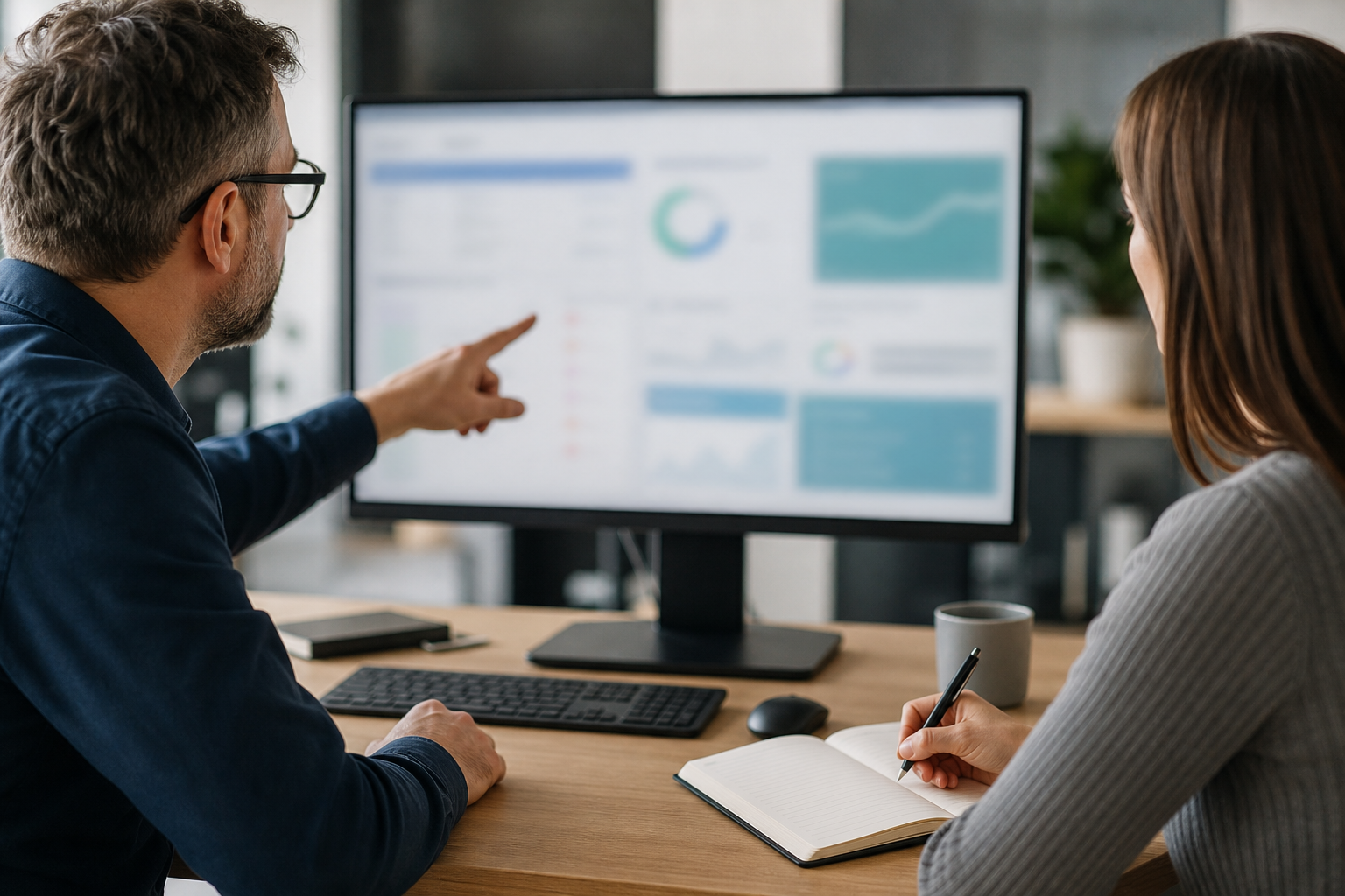 Consultant and business owner reviewing a blurred structured data validation screen