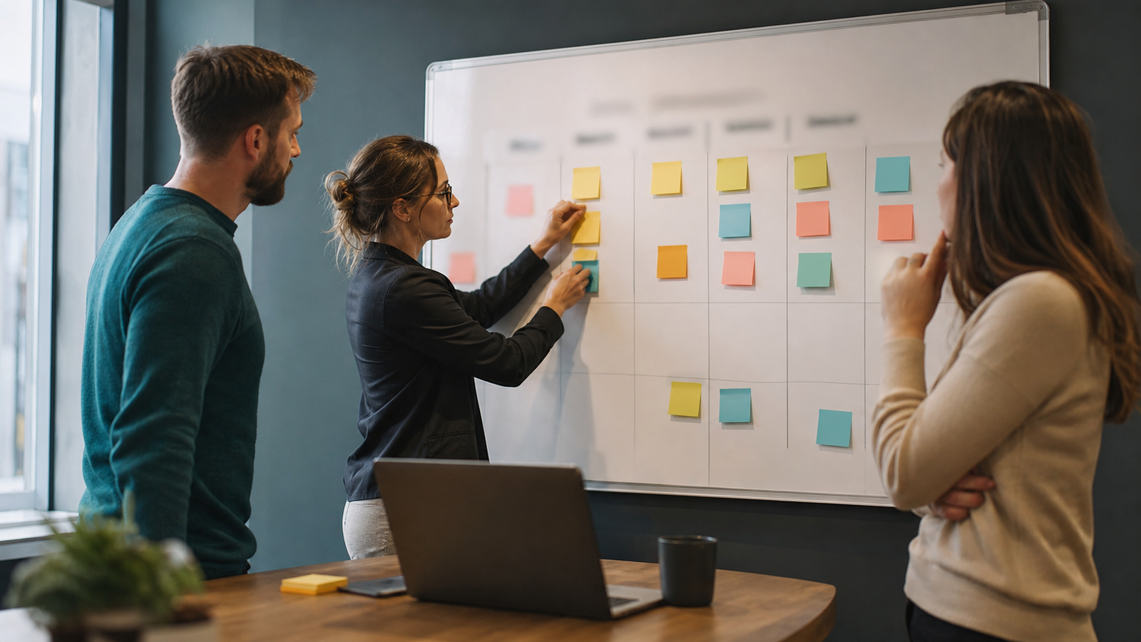 Small marketing team scoring AI search visibility signals on a whiteboard